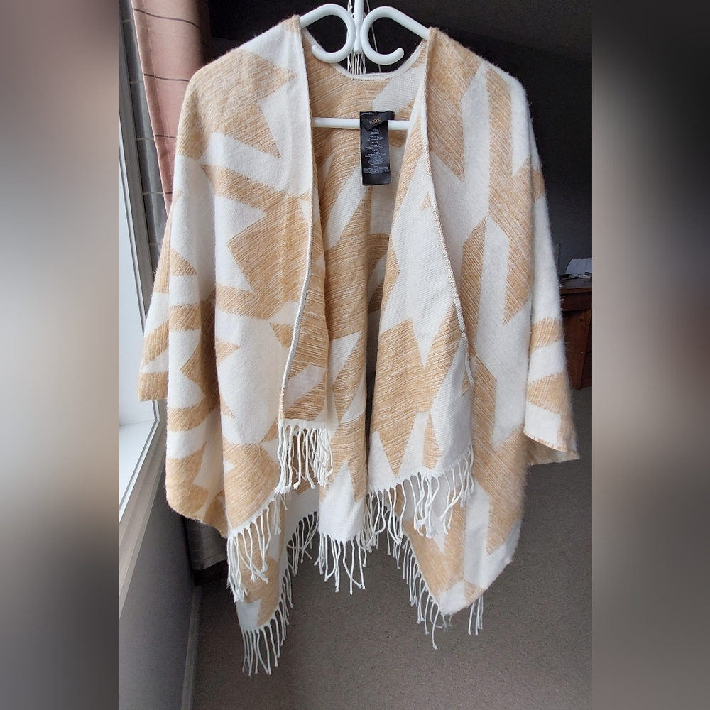 Maje Cream and Tan Geometric Fringe Cape